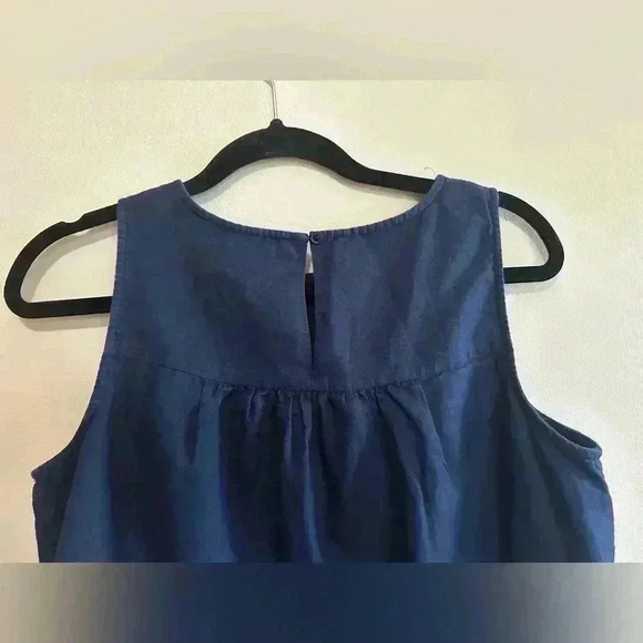 J Crew Factory Shift Dress Navy/Green Embroidered Linen Blend Pockets - Sz Small - Picture 6 of 12